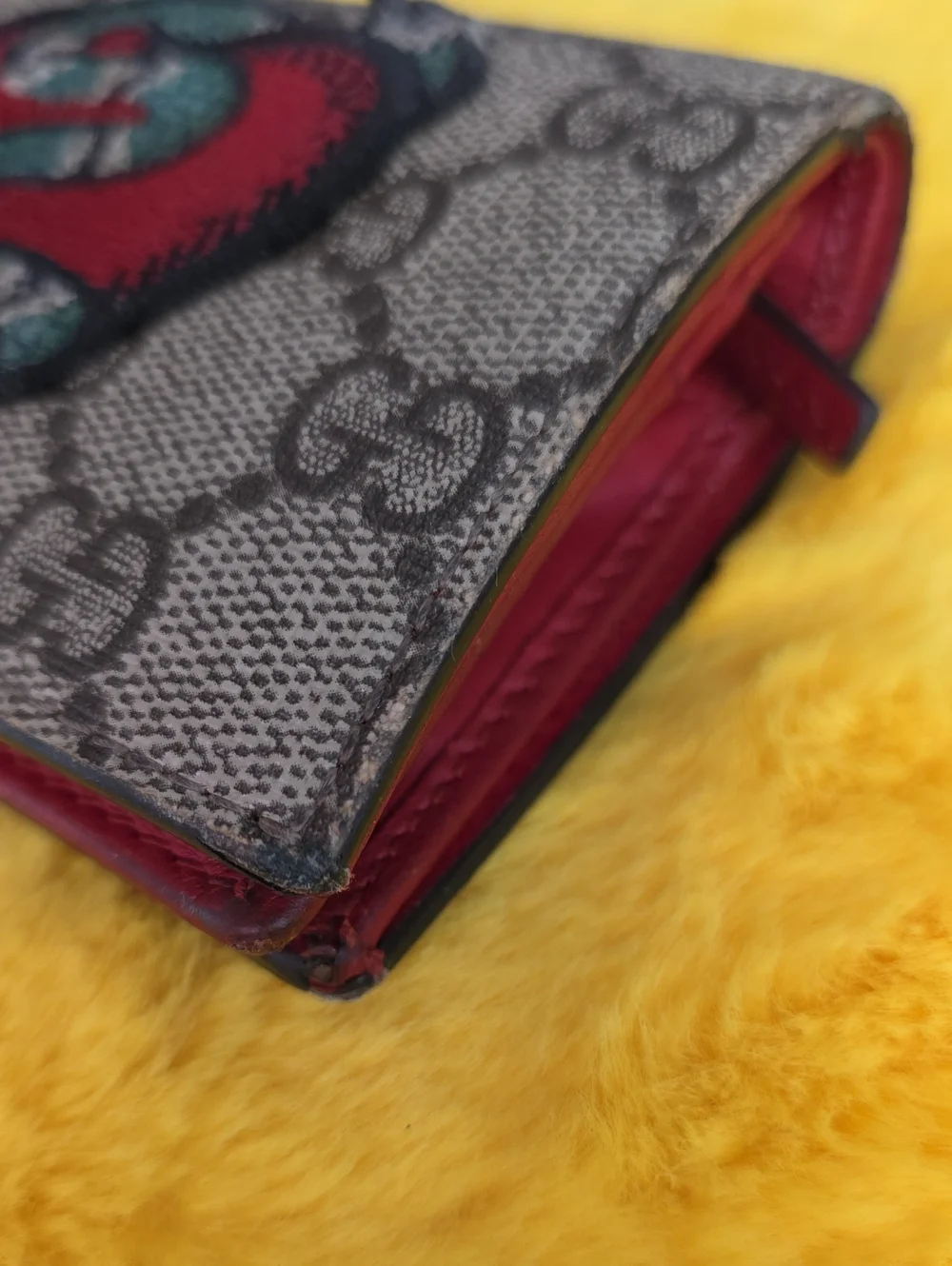 Gucci Beige GG Canvas Wallet with Red Heart and Green Snake Embroidery